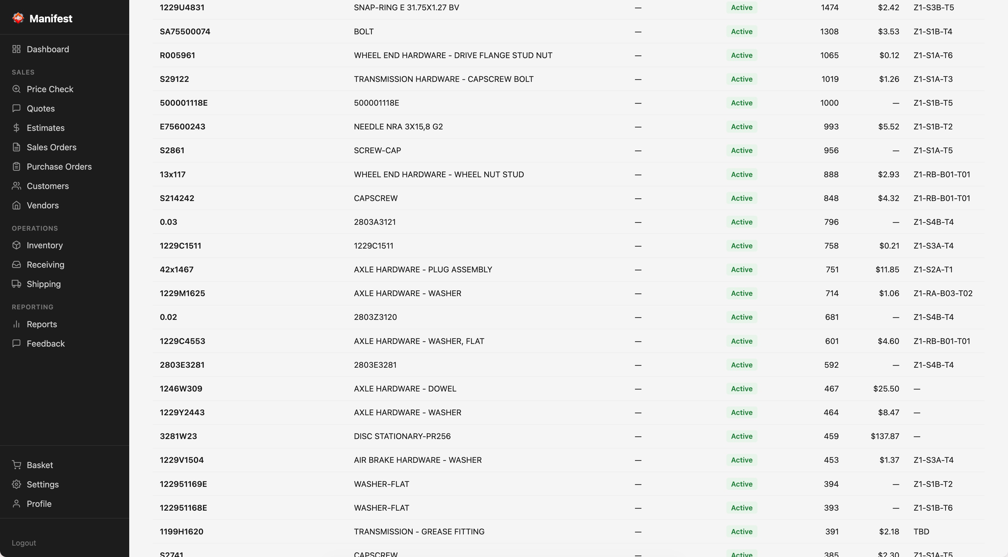 Manifest inventory management view