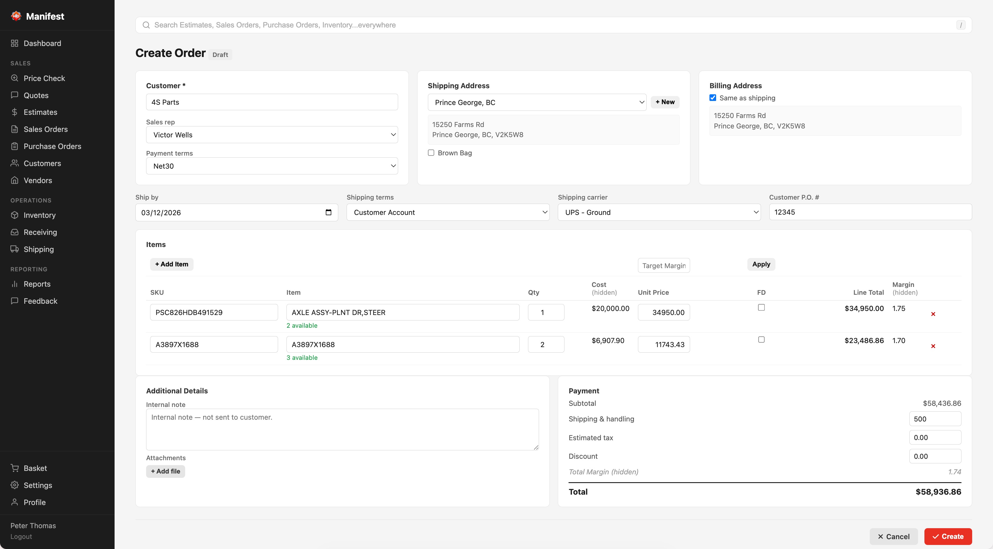 Manifest sales order management